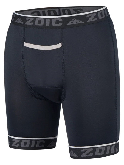 Black athletic shorts with 'Zoic' branding on a white background
