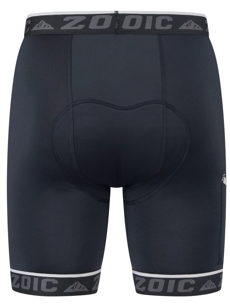 Black athletic shorts with Zoic branding on a white background