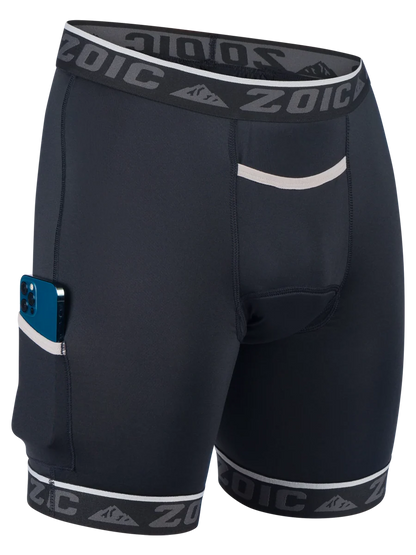 Black athletic shorts with white accents and 'Zoic' branding on a white background