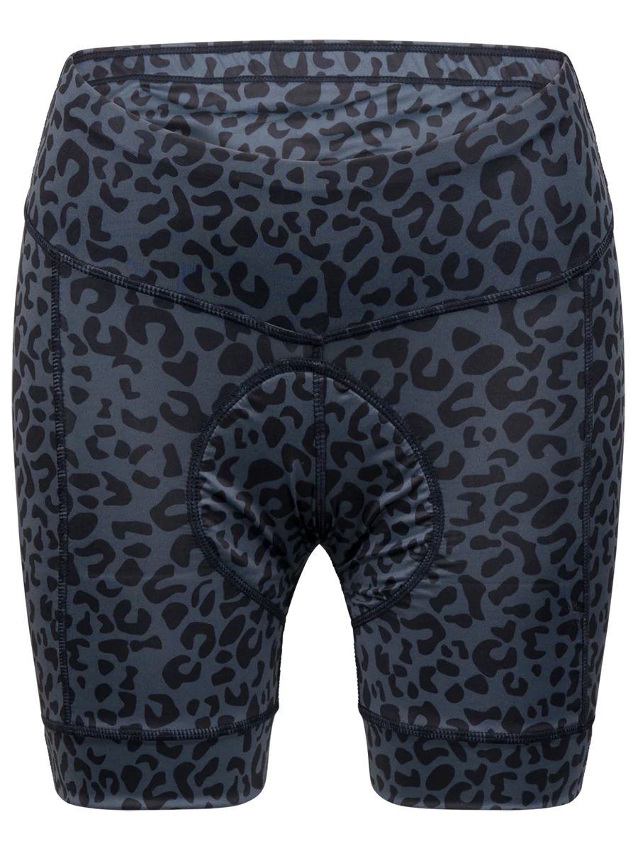 Black and gray leopard print shorts on a white background