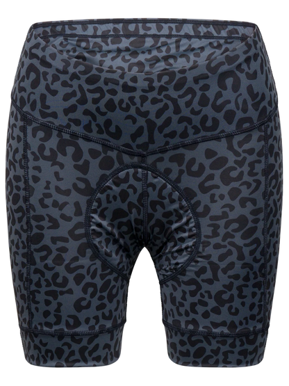 Black and gray leopard print shorts on a white background