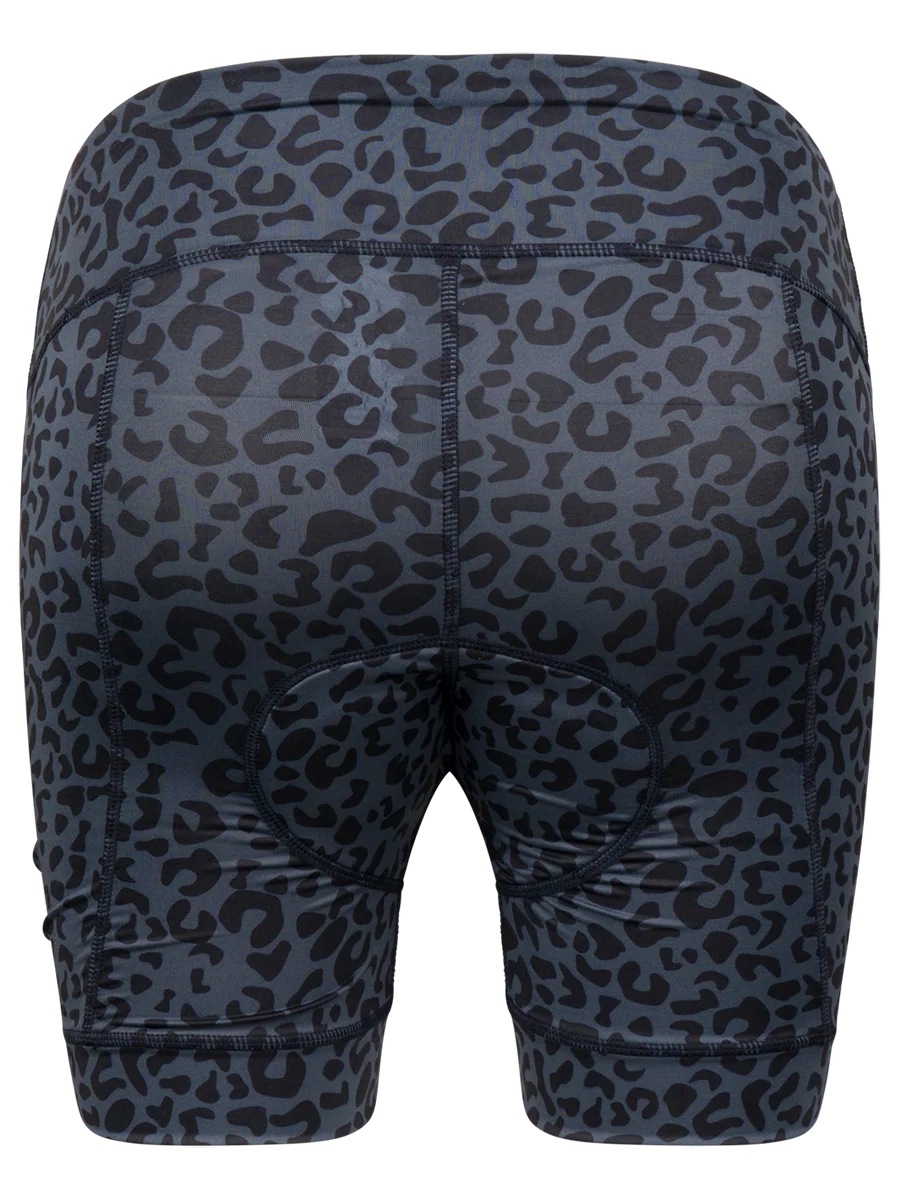 Black and gray leopard print shorts on a white background