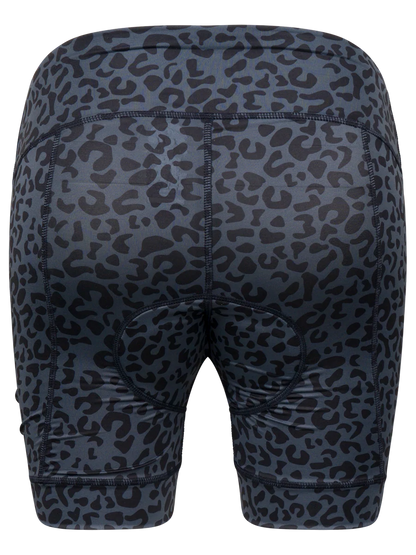Black and gray leopard print shorts on a white background