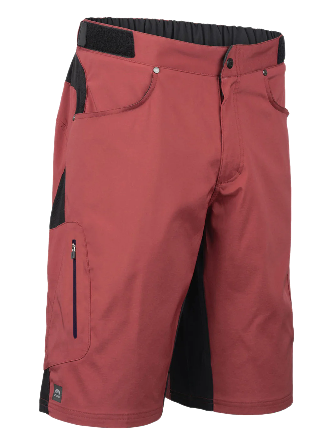 Red shorts with black accents on a white background