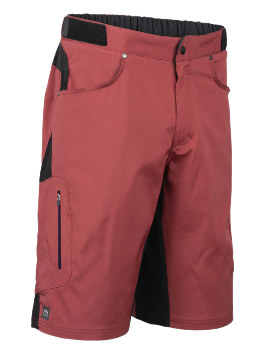 Red shorts with black accents on a white background