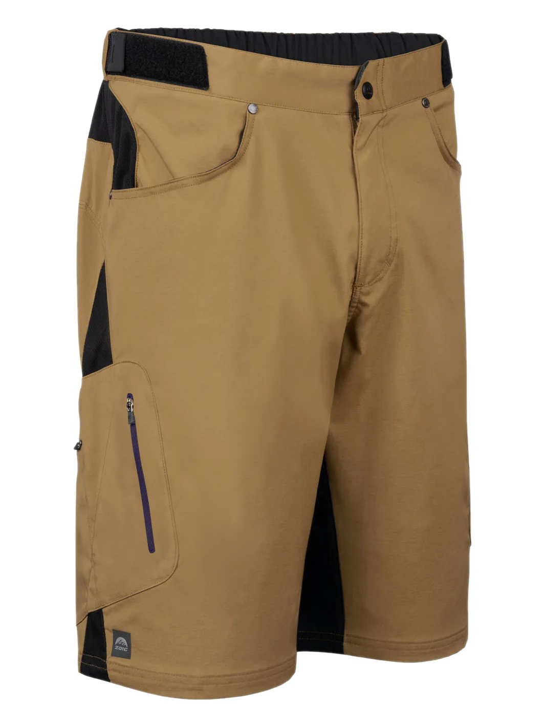 Tan shorts with black accents on a white background