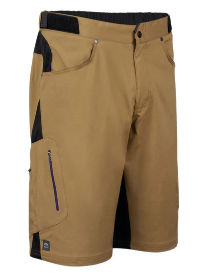 Tan shorts with black accents on a white background