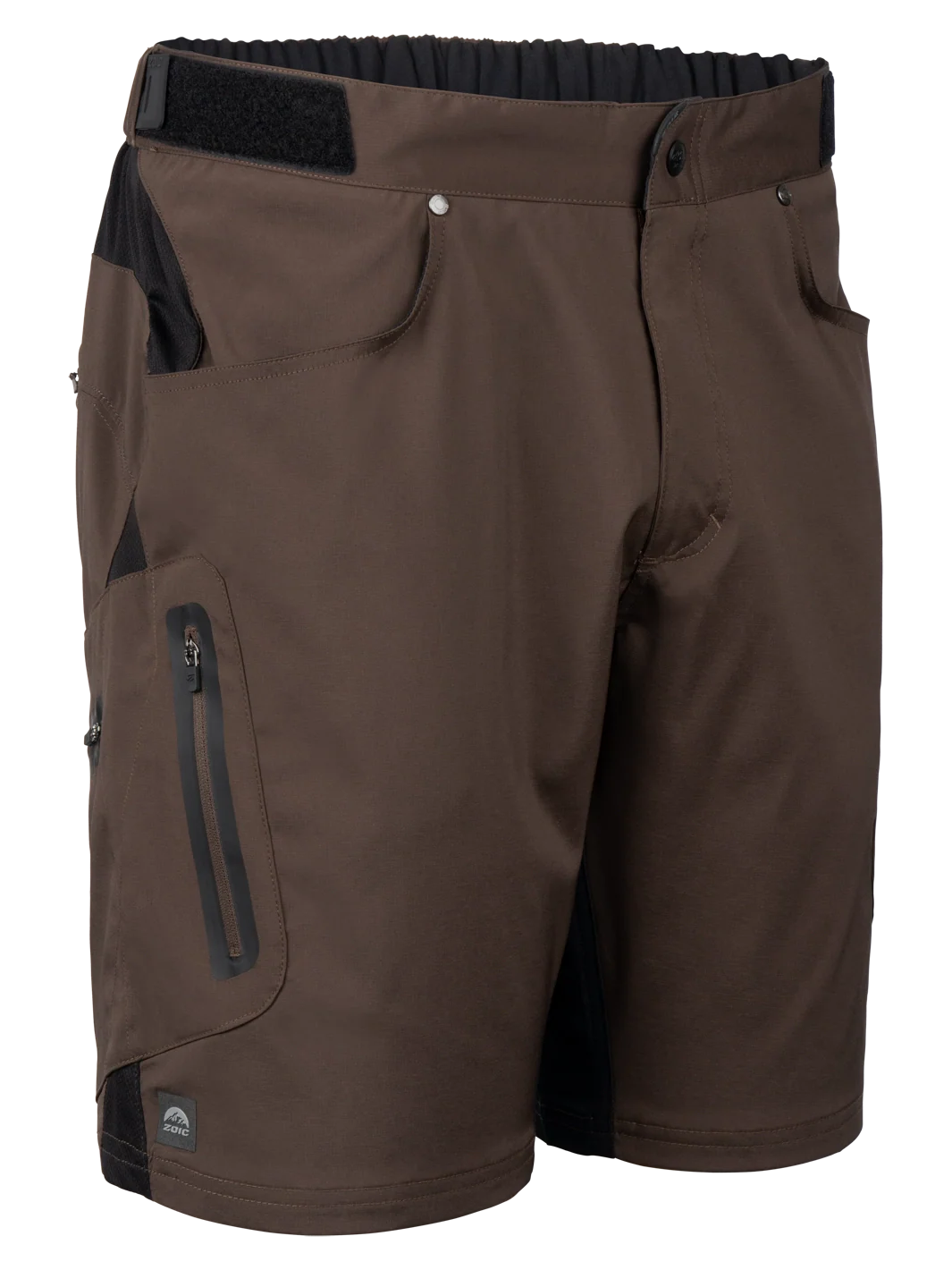 Brown shorts with black accents on a white background