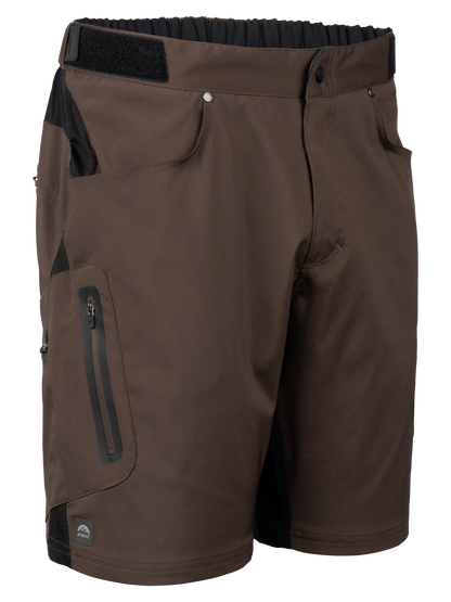 Brown shorts with black accents on a white background