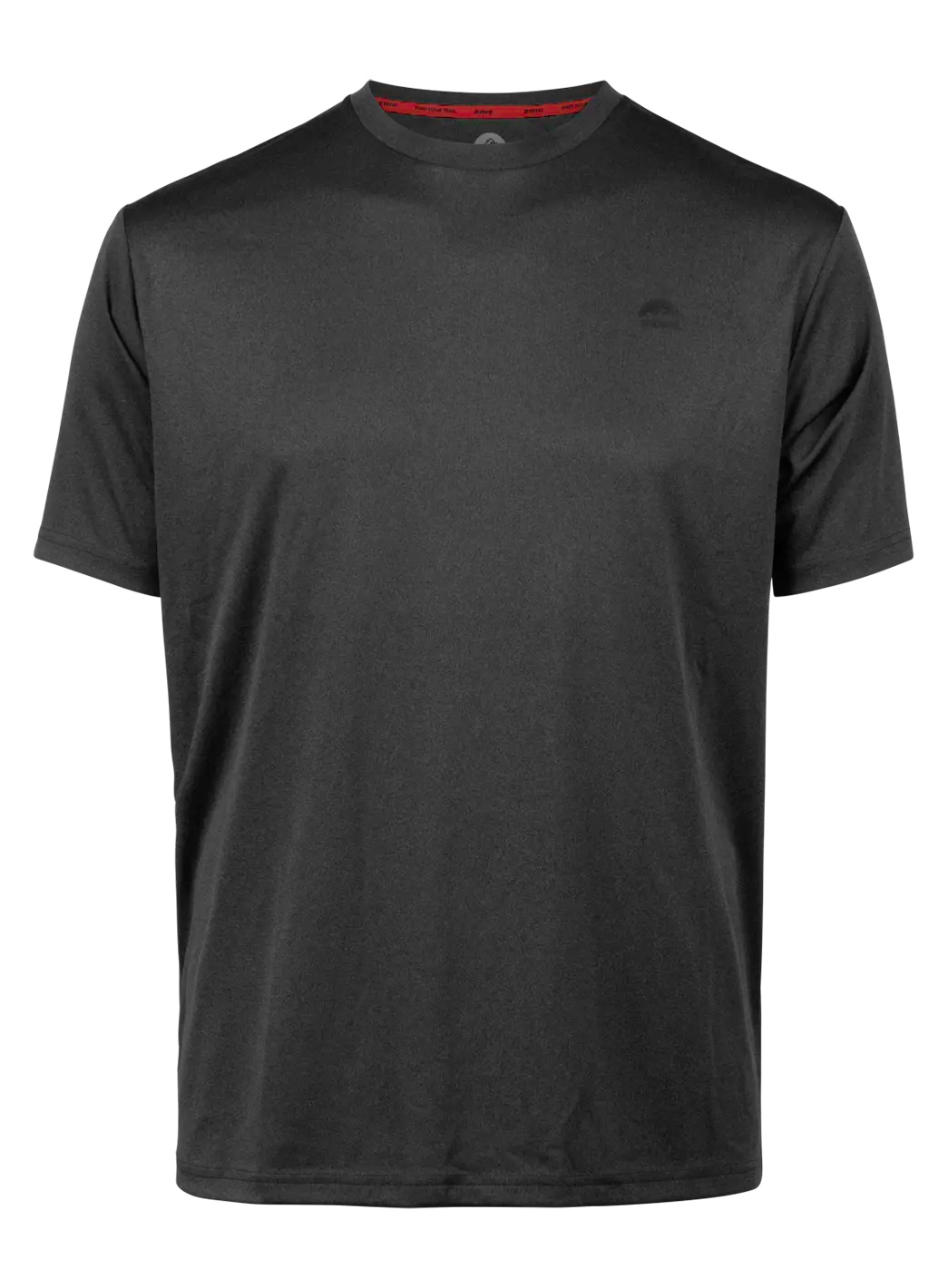 Black t-shirt with a brand logo on a white background