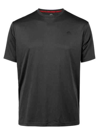 Black t-shirt with a brand logo on a white background