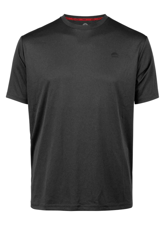 Black t-shirt with a brand logo on a white background