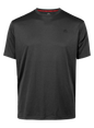 Black t-shirt with a brand logo on a white background