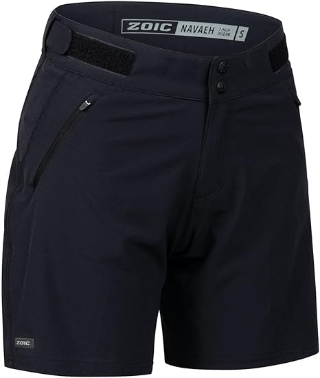 Black shorts with 'ZOIC' branding on a white background