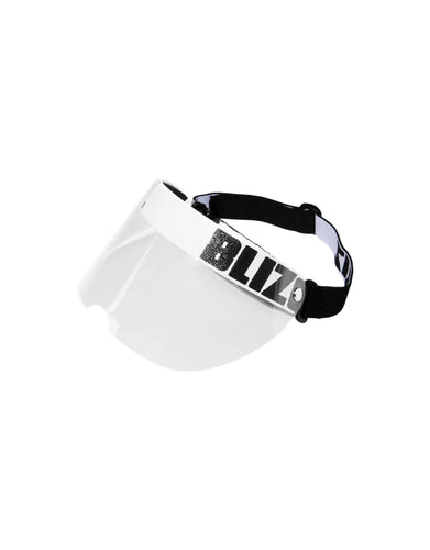 White visor with black strap and 'Bliz' branding on a white background