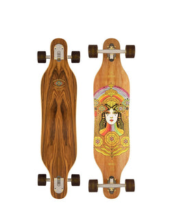 Arbor Performance Solstice B4BC Axis 37 Longboard exposed woodgrain with clear griptape and image of woman, flowers, and rainbow on underside