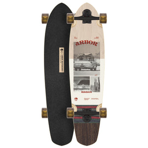 Arbor Photo Mission 35" Longboard with black griptape and arbor logo over car with surfboards on it on underside, brown wheels