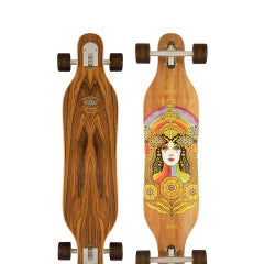 Arbor Performance Solstice B4BC Axis 37 Longboard exposed woodgrain with clear griptape and image of woman, flowers, and rainbow on underside 