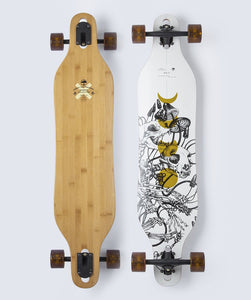 Arbor Performance Bamboo Axis 40" Longboard Exposed Woodgrain Under Clear Griptape White Underside With Black and Tan Graphics of Skulls and Mushrooms 